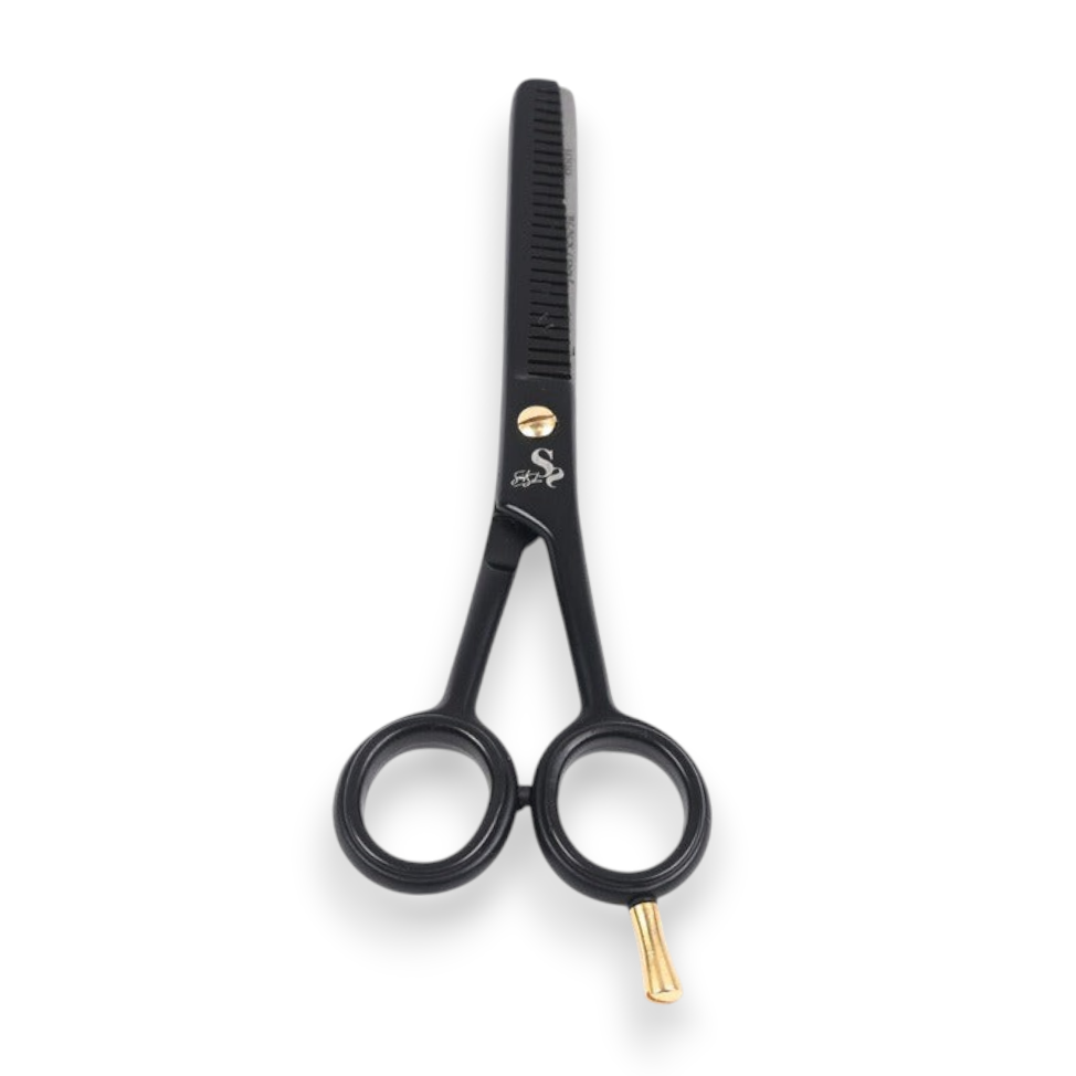 Said Salem 6-inch professional hair thinning scissors in matte black with gold-tone tension screw and finger rest.