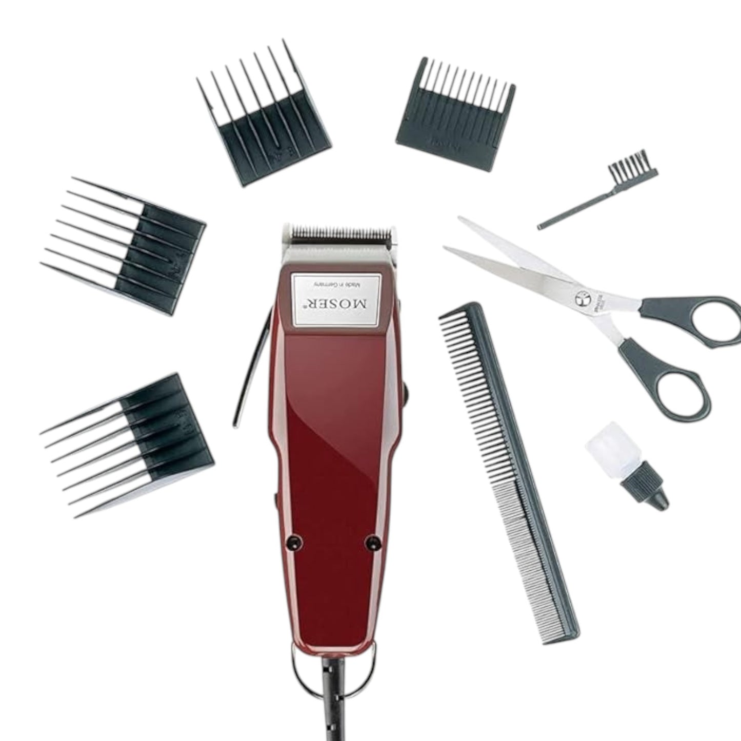 Said Salem Moser 1400 professional corded hair clipper in deep red with stainless steel blades and grooming accessories.