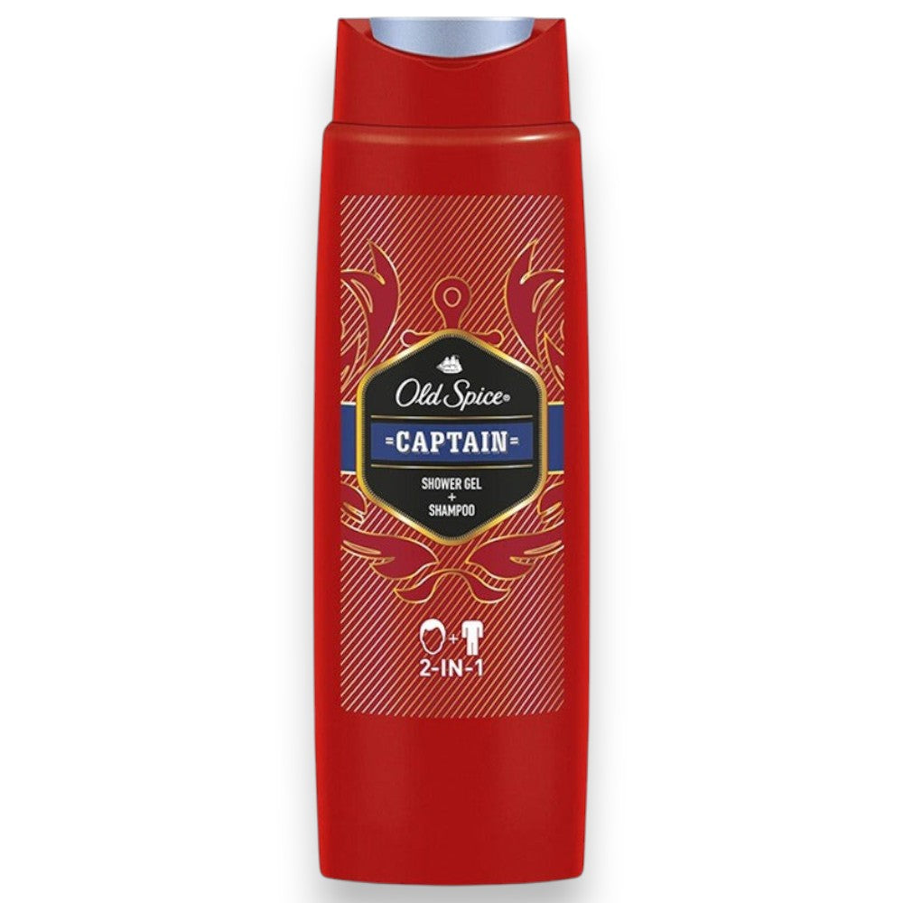 Said Salem Old Spice Captain 2-in-1 shower gel and shampoo in a red 400ml bottle with nautical-inspired branding.