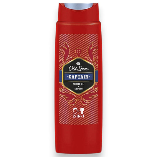 Said Salem Old Spice Captain 2-in-1 shower gel and shampoo in a red 400ml bottle with nautical-inspired branding.
