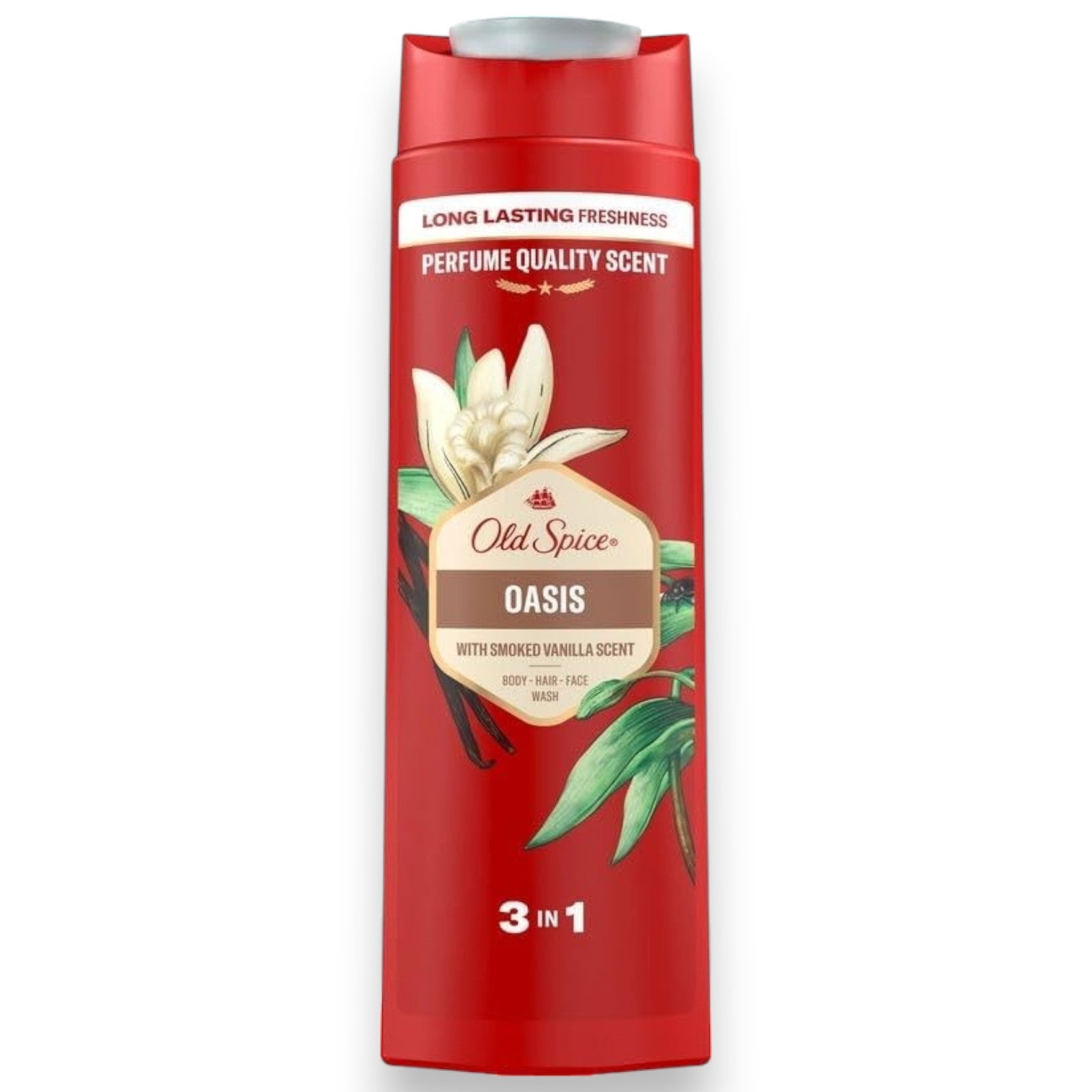 Said Salem Old Spice Oasis 3-in-1 shower gel bottle with smoked vanilla scent for face, body, and hair