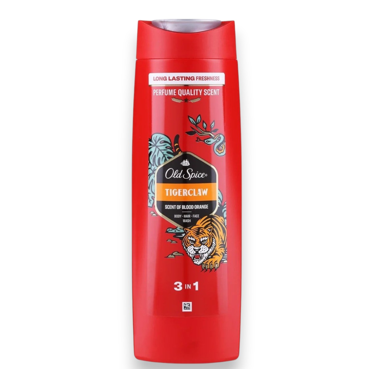 Said Salem Old Spice Tigerclaw 3-in-1 shower gel bottle in red with blood orange scent and tiger graphic design