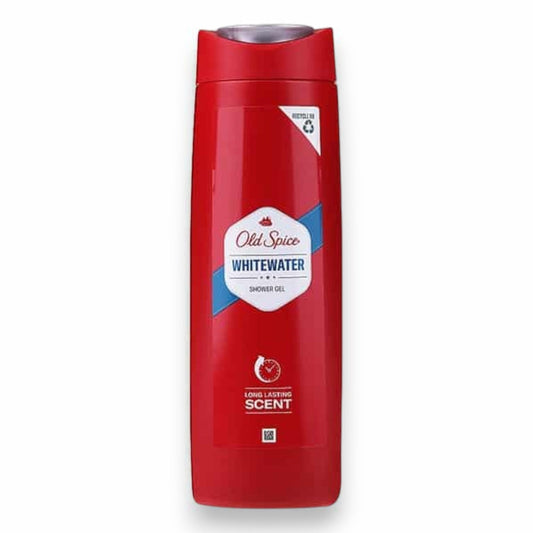 Said Salem Old Spice Whitewater shower gel in a 400ml red bottle with a crisp, refreshing scent for men.