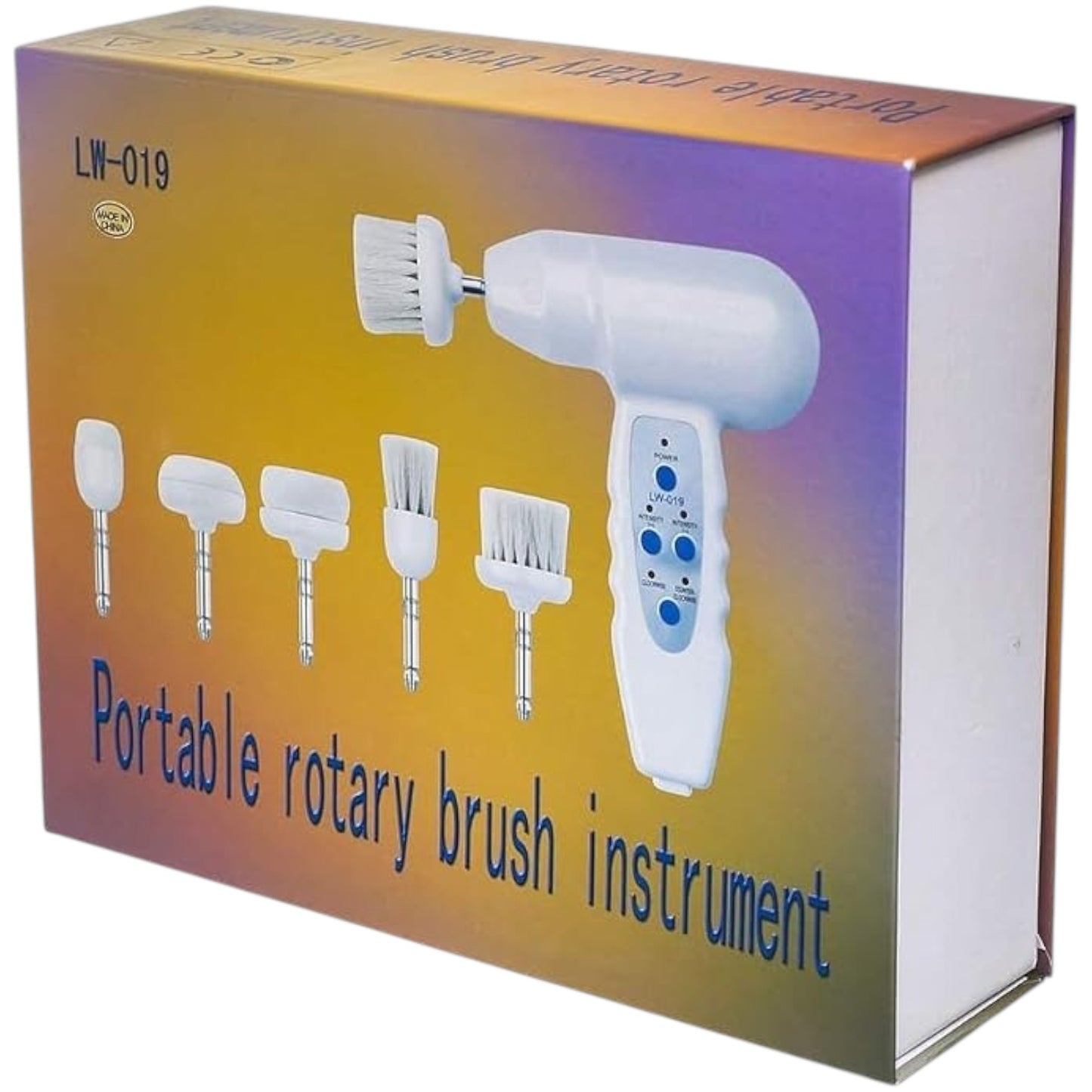 Said Salem 5-in-1 portable facial cleansing roller brush set with white rotary device and five interchangeable heads