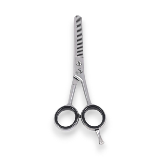 Said Salem 6-inch professional hair thinning scissors with silver stainless steel finish and black finger inserts.