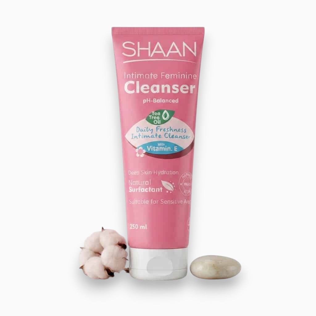 Said Salem SHAAN intimate feminine cleanser in a 250ml pink tube with tea tree oil and vitamin E for sensitive skin.
