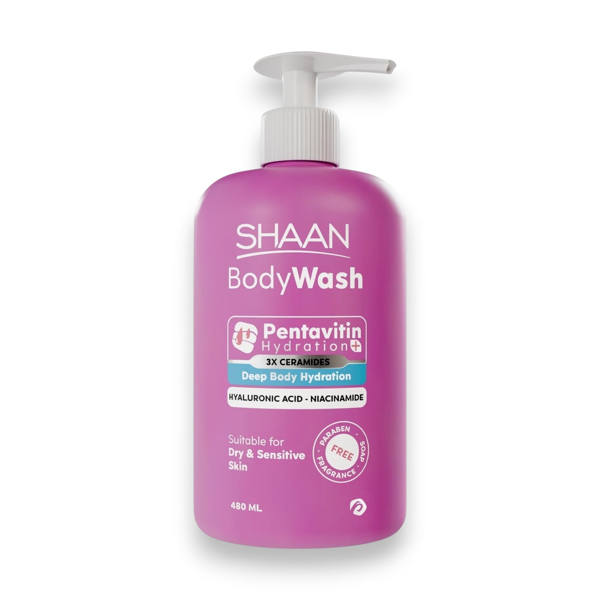 Said Salem SHAAN hydrating body wash in a 480ml pink pump bottle for dry and sensitive skin with ceramides