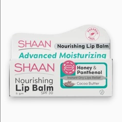 Said Salem SHAAN nourishing lip balm with honey, panthenol, and cocoa butter, featuring SPF 30 for dry lip relief.