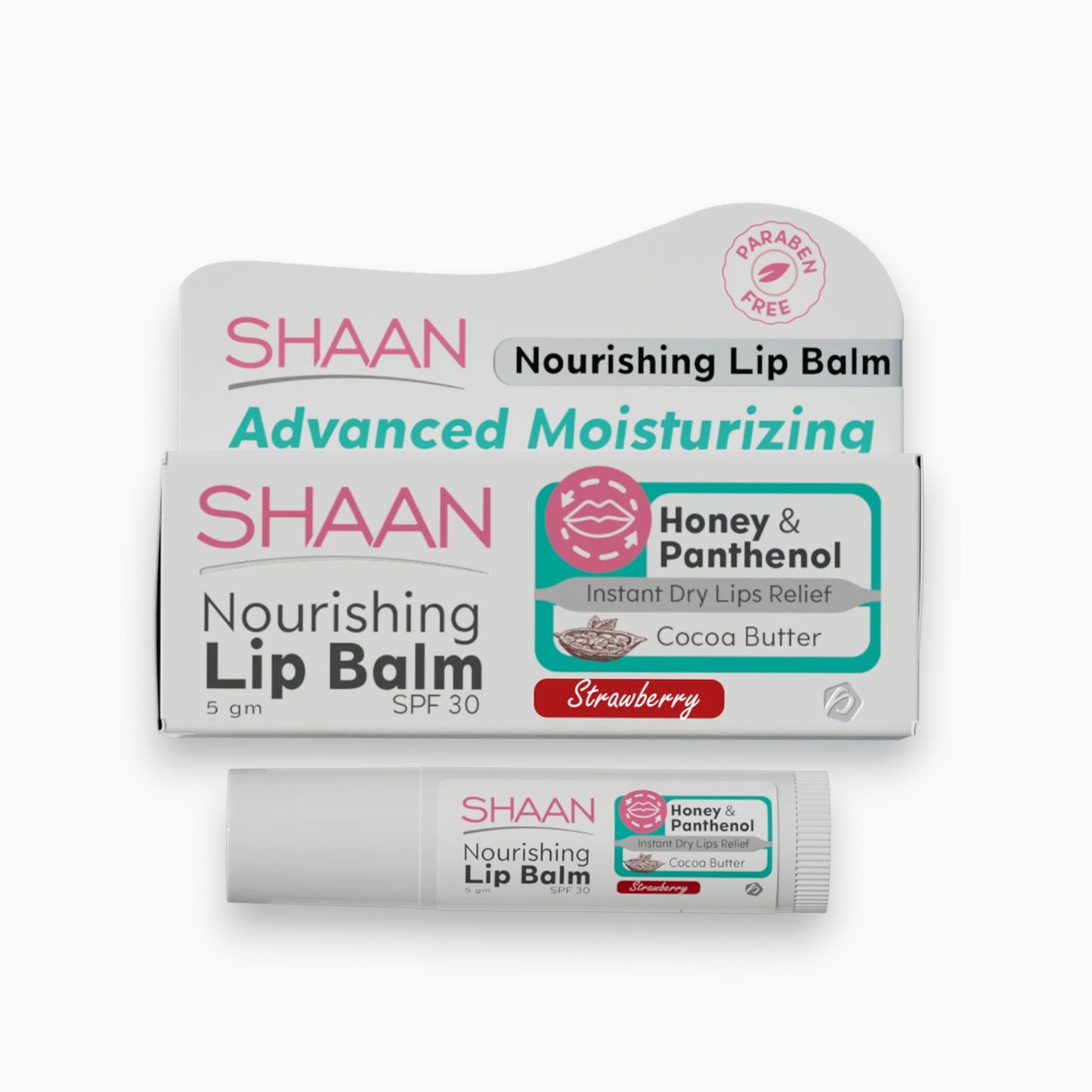 Said Salem Shaan strawberry nourishing lip balm with SPF 30, honey, panthenol, and cocoa butter in 5g packaging.