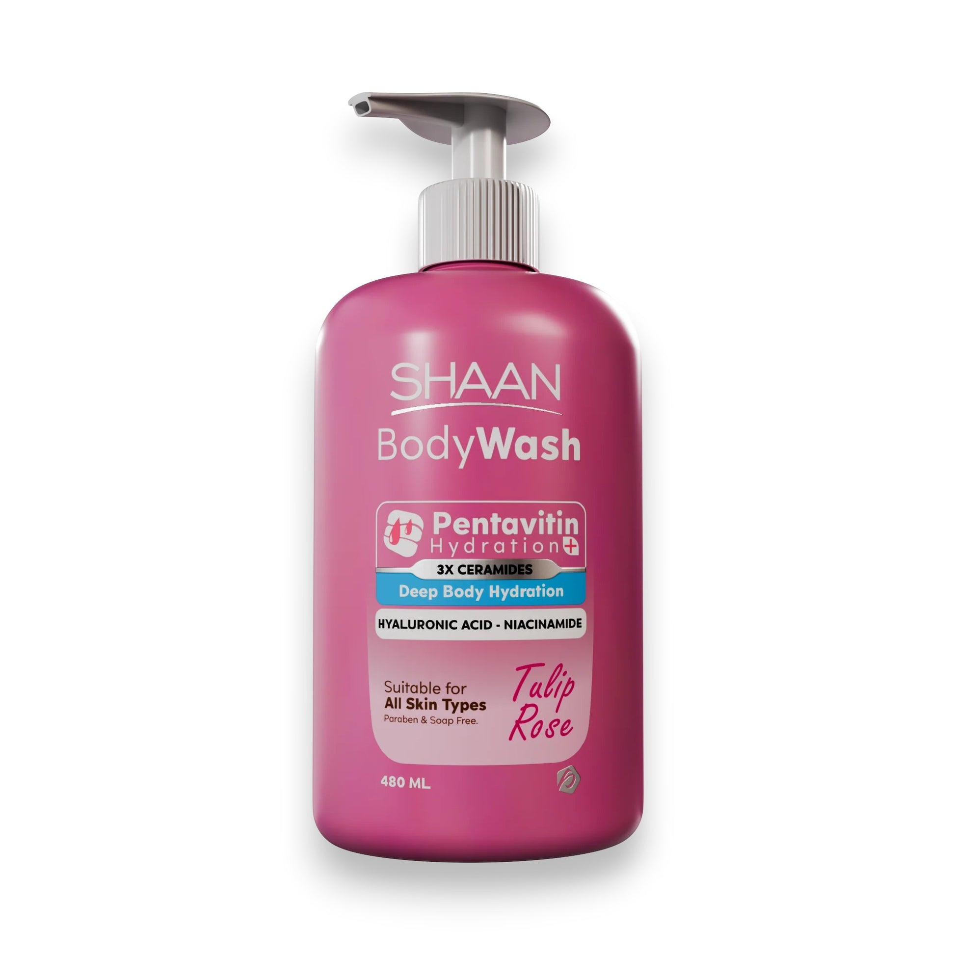 Said Salem SHAAN Tulip Rose hydrating body wash in a 480ml pink pump bottle with hyaluronic acid and ceramides.