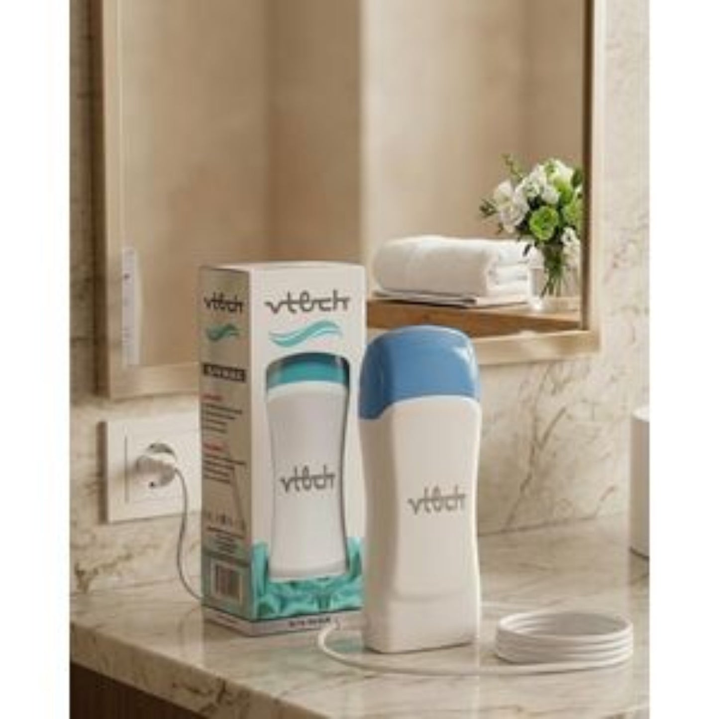 Said Salem Turkish roll-on wax heater in white and blue with its packaging box on a bathroom vanity