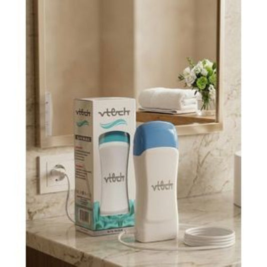 Said Salem Turkish roll-on wax heater in white and blue with its packaging box on a bathroom vanity