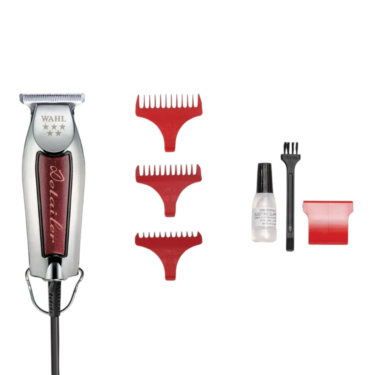 Said Salem Wahl 5 Star Series Detailer corded trimmer with three red attachment combs, oil, and cleaning brush.