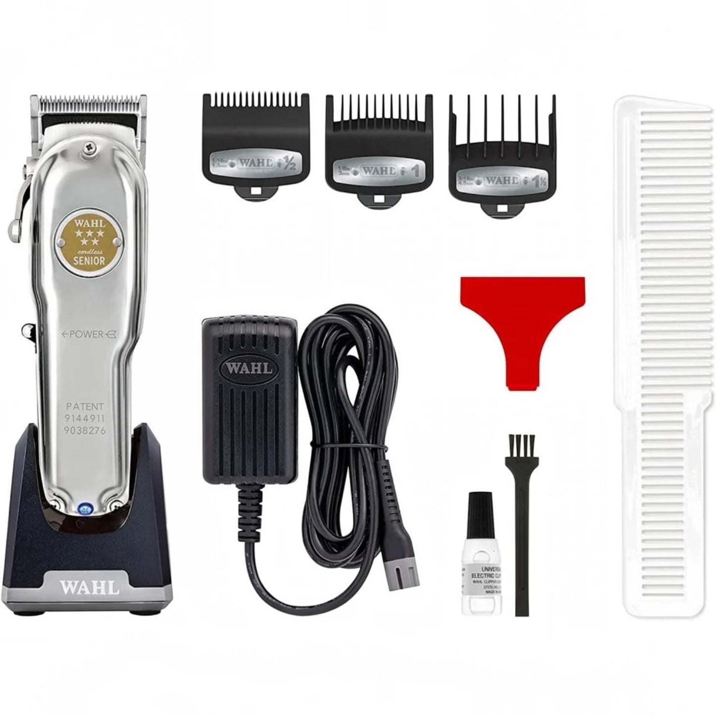 Said Salem Wahl Senior Cordless Shaver in silver with charging stand, attachment combs, oil, and cleaning brush.