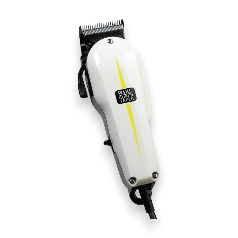 Said Salem Wahl SuperTaper corded hair clipper in white with a yellow lightning bolt design and adjustable lever