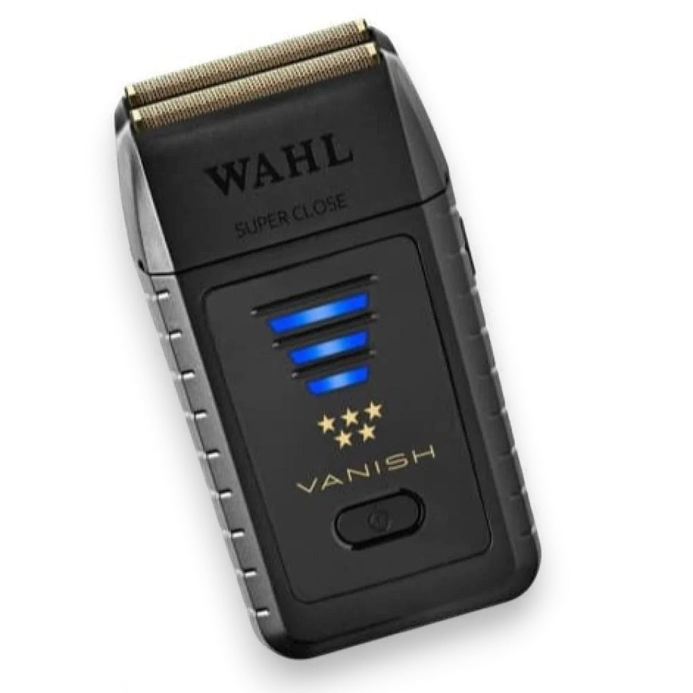 Said Salem Wahl Vanish men's smoothing shaver in black with gold foil heads and blue LED battery indicator lights.