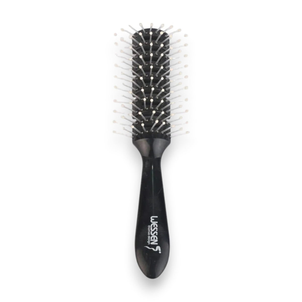 Said Salem Wessen black plastic hairbrush with white-tipped bristles for detangling and styling all hair types