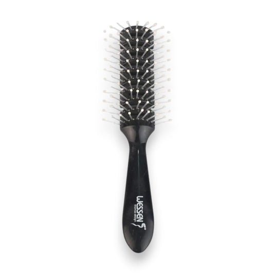 Said Salem Wessen black plastic hairbrush with white-tipped bristles for detangling and styling all hair types