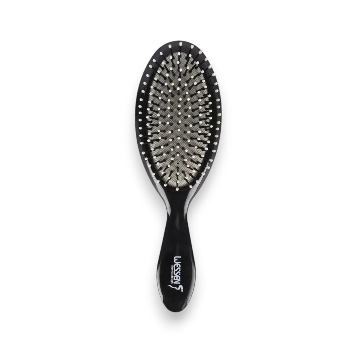 Said Salem Wessen black oval hair brush with cushioned base and gentle nylon bristles for detangling all hair types.