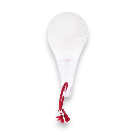 Said Salem Wessen foot cleansing brush with soft bristles, ergonomic handle, and a red hanging rope for storage.