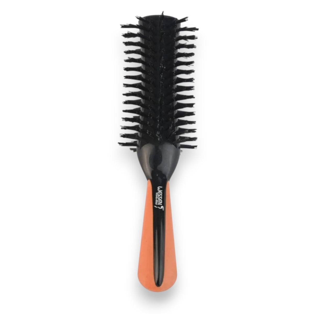 Said Salem Wessen hair dryer brush with a black round bristle head and an ergonomic peach-colored handle.