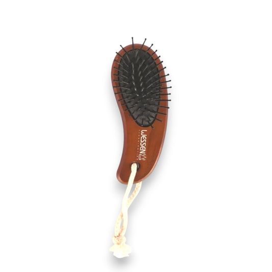 Said Salem Wessen brown mini wooden hair brush with black detangling bristles and a convenient hanging rope loop.