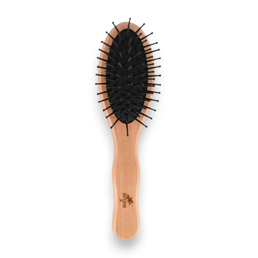 Said Salem Wessen oval wooden hair brush with black nylon bristles for gentle detangling and a smooth handle grip.