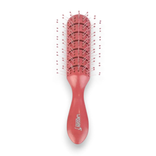 Said Salem Wessen small pink round hairbrush with ball-tipped bristles for detangling and styling all hair types.
