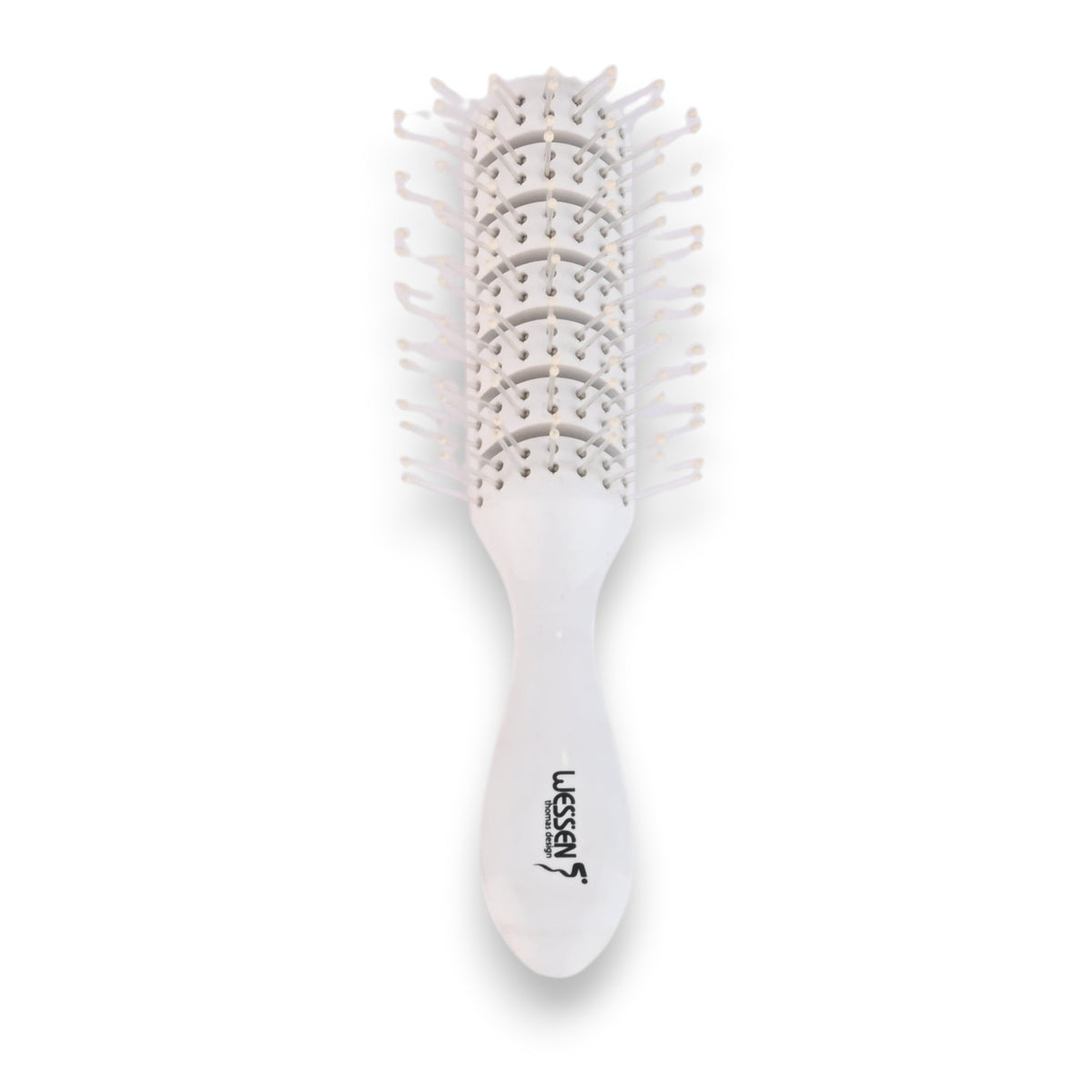 Said Salem Wessen small white round hairbrush with precision-spaced bristles for styling and detangling.