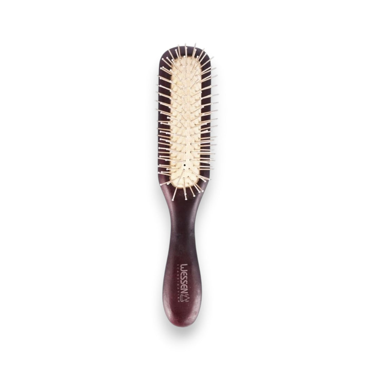 Said Salem Wessen wooden hair brush with natural bristles and nylon pins for detangling and smoothing all hair types.