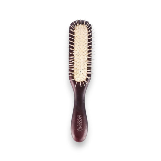 Said Salem Wessen wooden hair brush with natural bristles and nylon pins for detangling and smoothing all hair types.