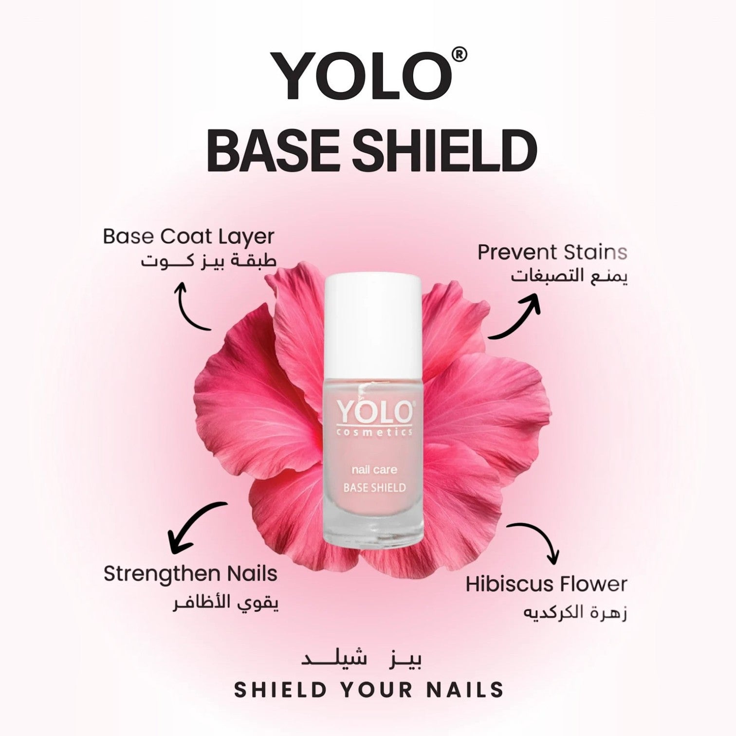 Said Salem YOLO Base Shield nail polish bottle with hibiscus flower background, highlighting nail strengthening benefits