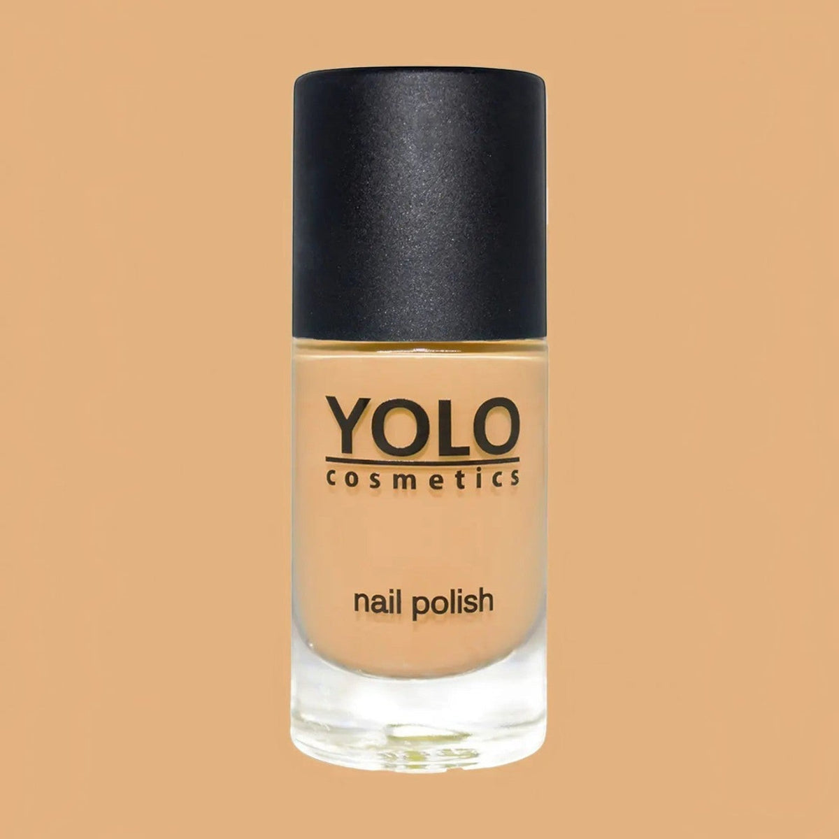 Said Salem YOLO Beige nail polish in a glass bottle with a black cap, featuring a neutral, creamy beige lacquer.