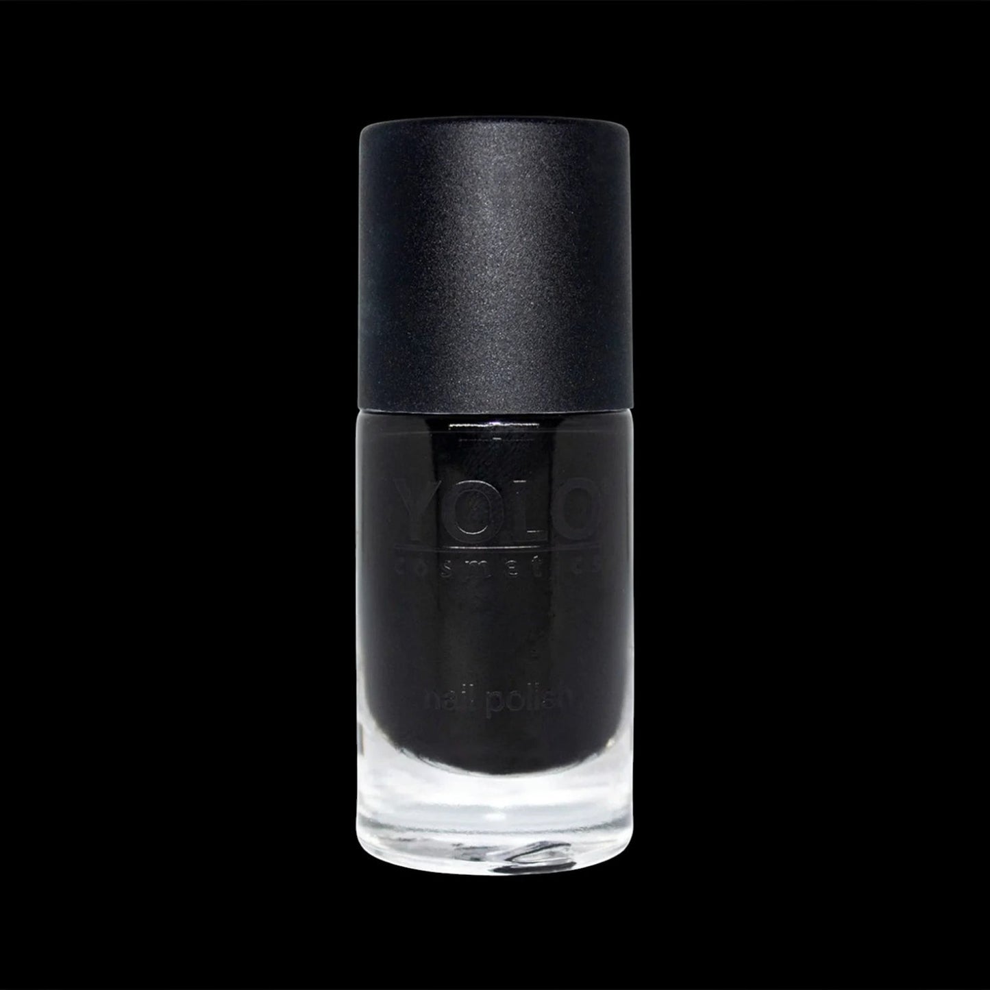 Said Salem YOLO BLACK nail polish in a glass bottle with a matte black cap, featuring a deep opaque glossy finish.
