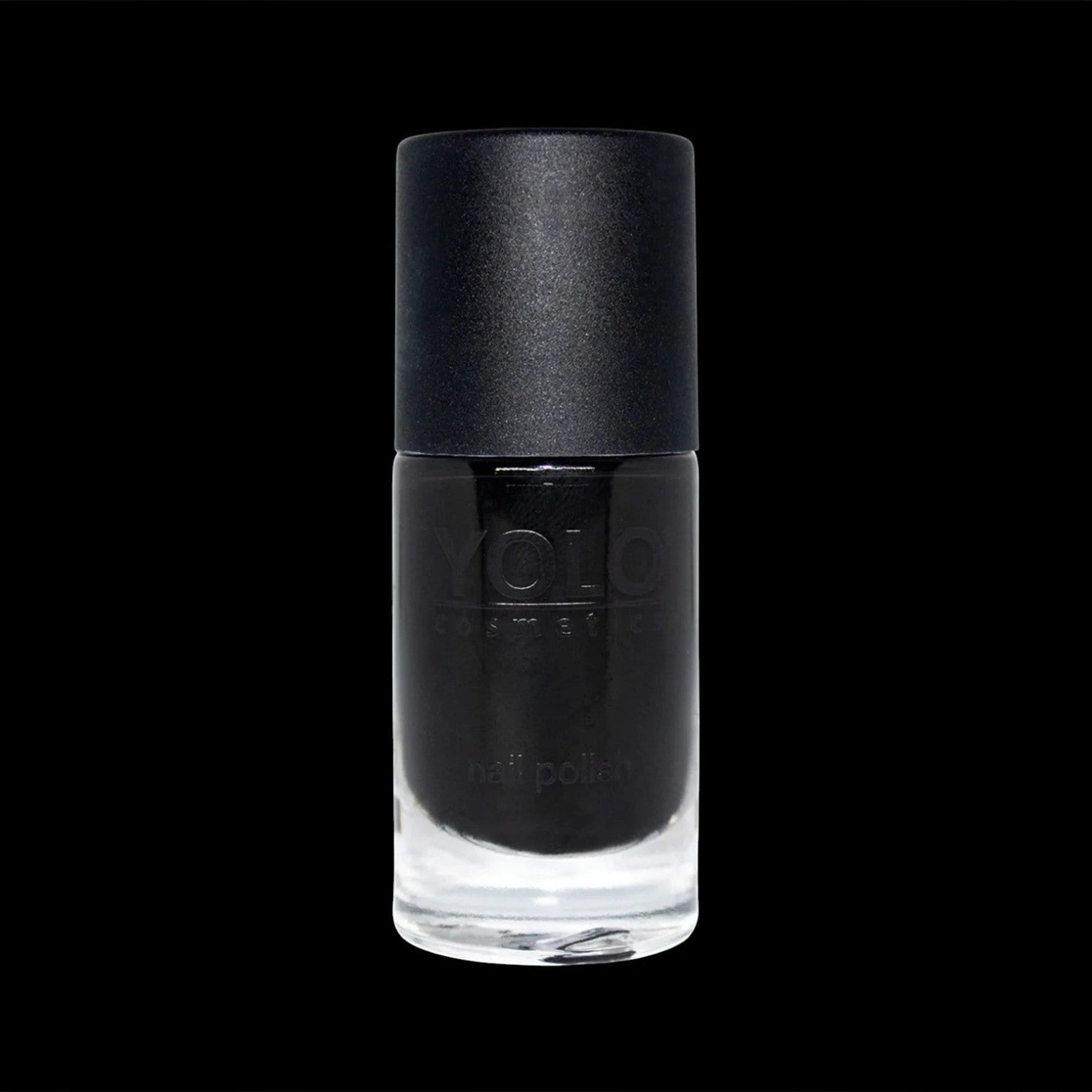 Said Salem YOLO BLACK nail polish in a glass bottle with a matte black cap, featuring a deep opaque glossy finish.