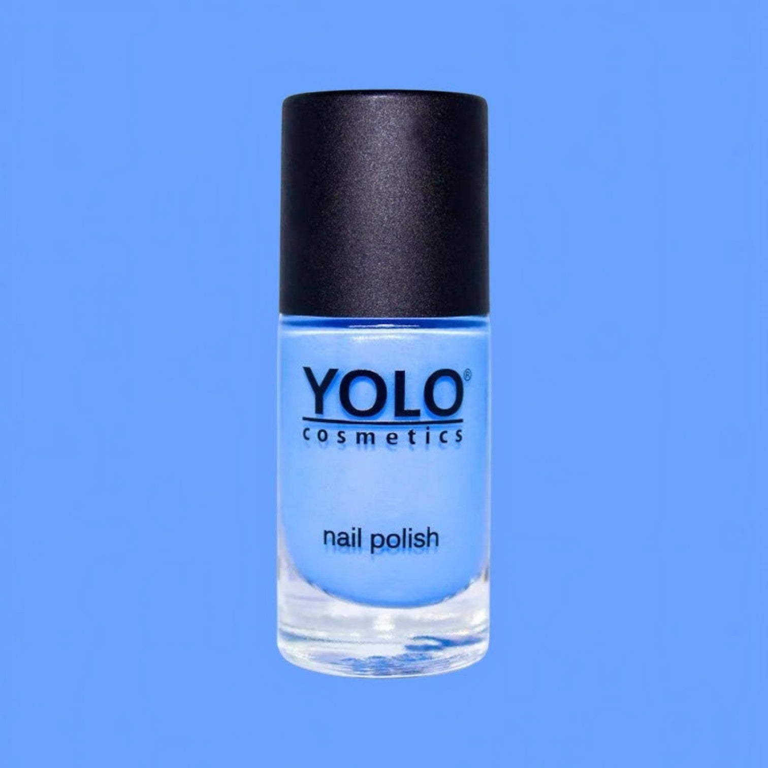 Said Salem YOLO Blue nail polish in a vibrant sky blue shade with a high-shine finish in a glass bottle.