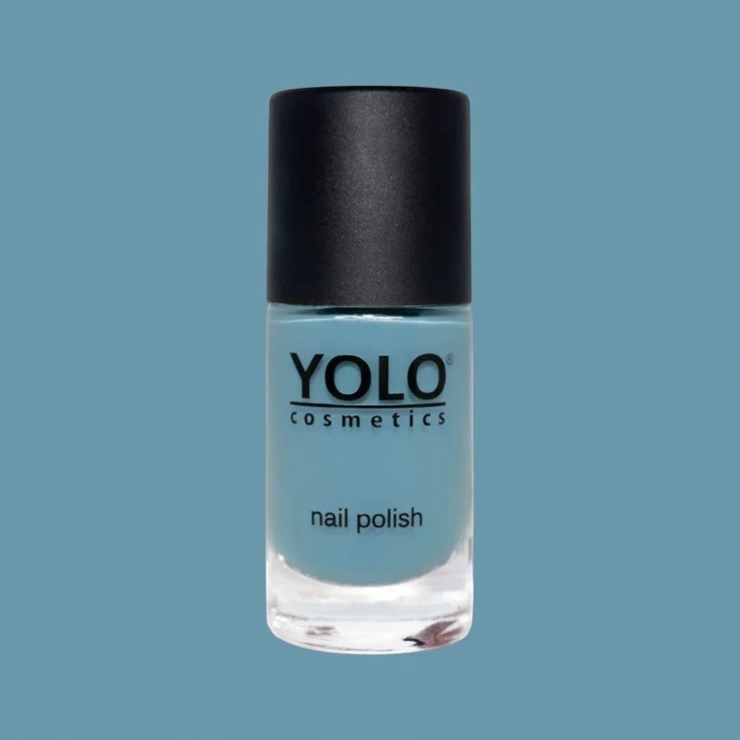 Said Salem YOLO Blue nail polish in a soft pastel sky blue crème finish with a black cap on a matching blue background