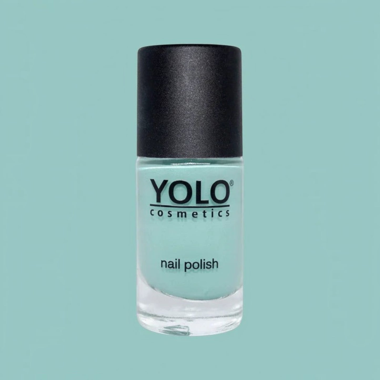 Said Salem YOLO Blue collection light teal nail polish in a glass bottle with a black cap