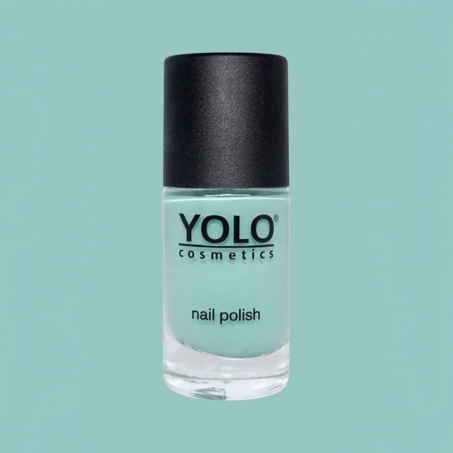 Said Salem YOLO Blue collection light teal nail polish in a glass bottle with a black cap
