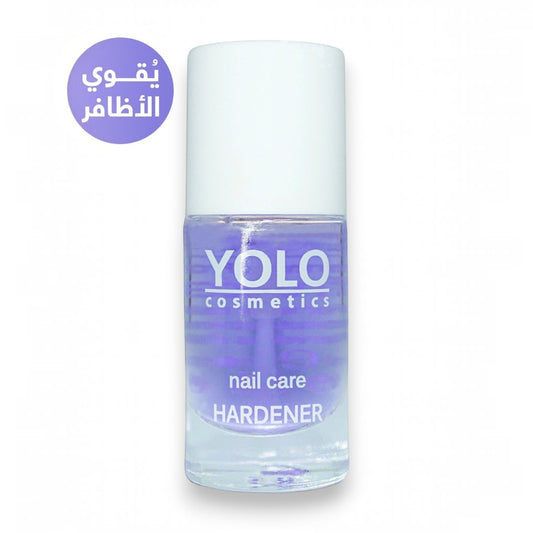 Said Salem YOLO Cosmetics nail hardener in a clear bottle with purple liquid for strengthening nails