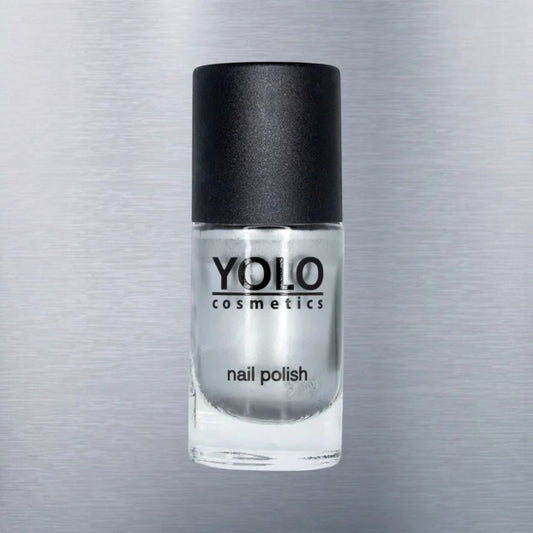 Said Salem YOLO Gray metallic silver nail polish in a clear glass bottle with a black cap against a brushed metal background.
