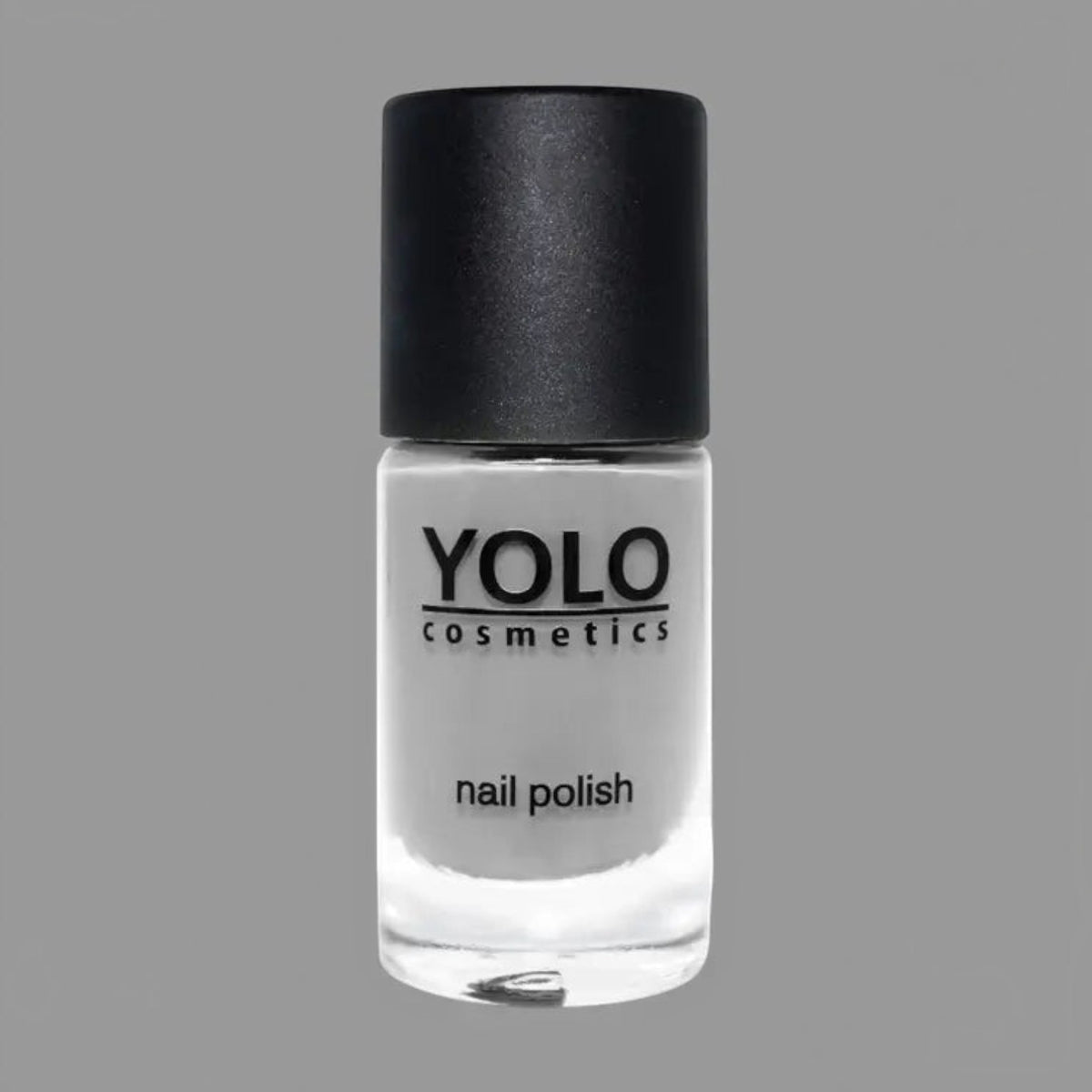 Said Salem YOLO Gray nail polish in a clear glass bottle with a black cap, featuring a modern minimalist design.