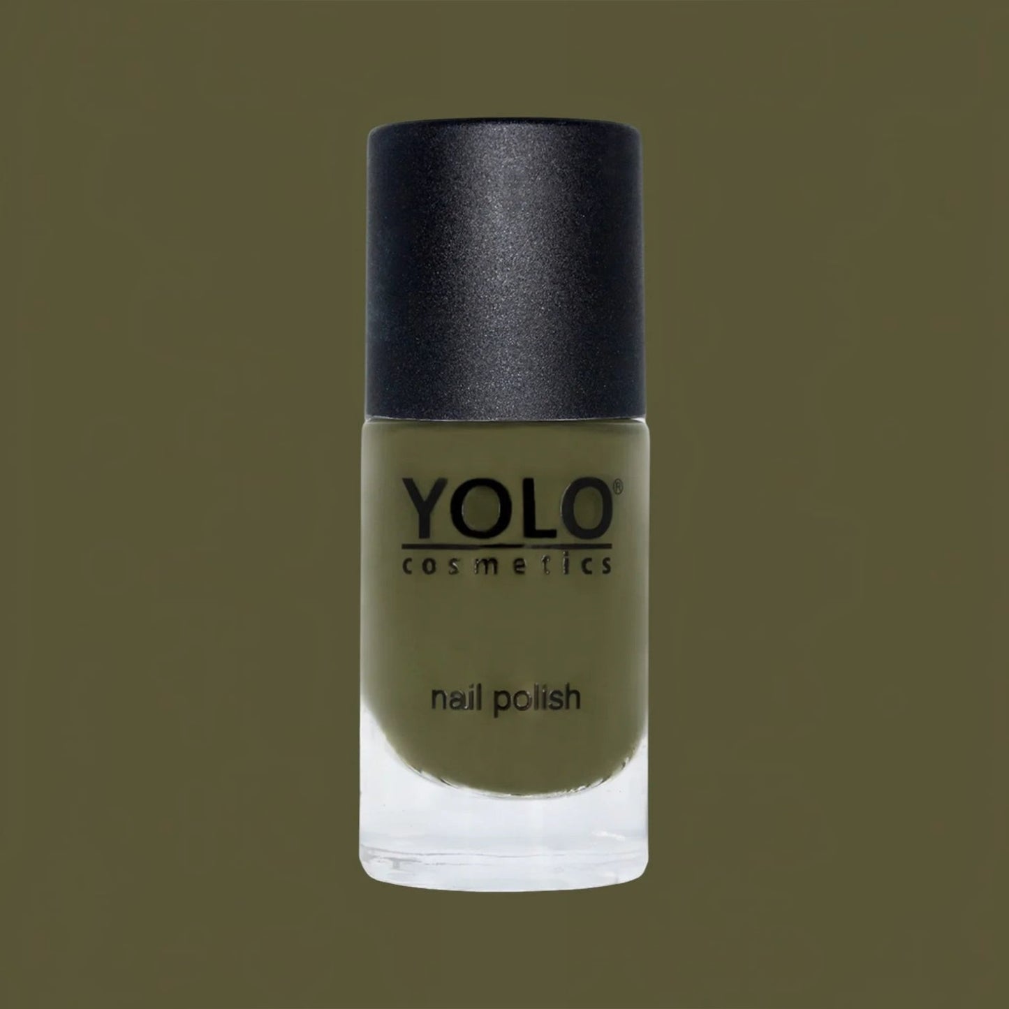 Said Salem YOLO Green nail polish in a deep olive tone with a high-shine finish in a professional glass bottle.