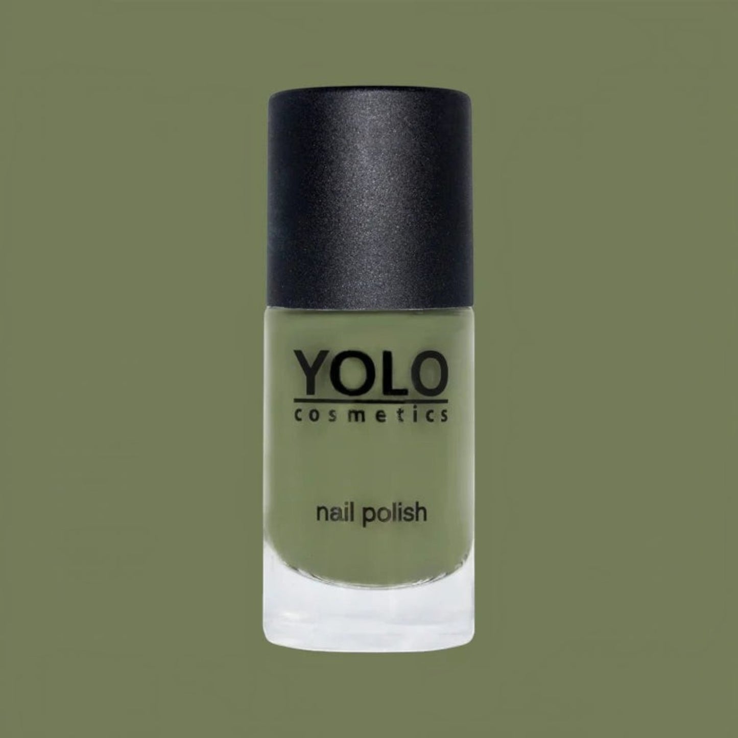 Said Salem YOLO Green nail polish in a muted olive tone with a high-shine finish in a glass bottle.