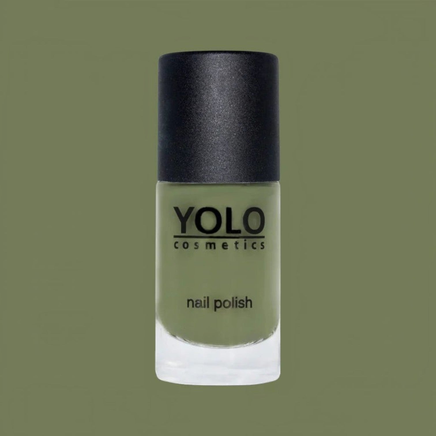 Said Salem YOLO Green nail polish in a muted olive tone with a high-shine finish in a glass bottle.
