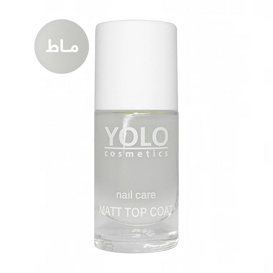 Said Salem YOLO Matte Top coat in a clear glass bottle with a white cap for a velvety, non-reflective nail finish.