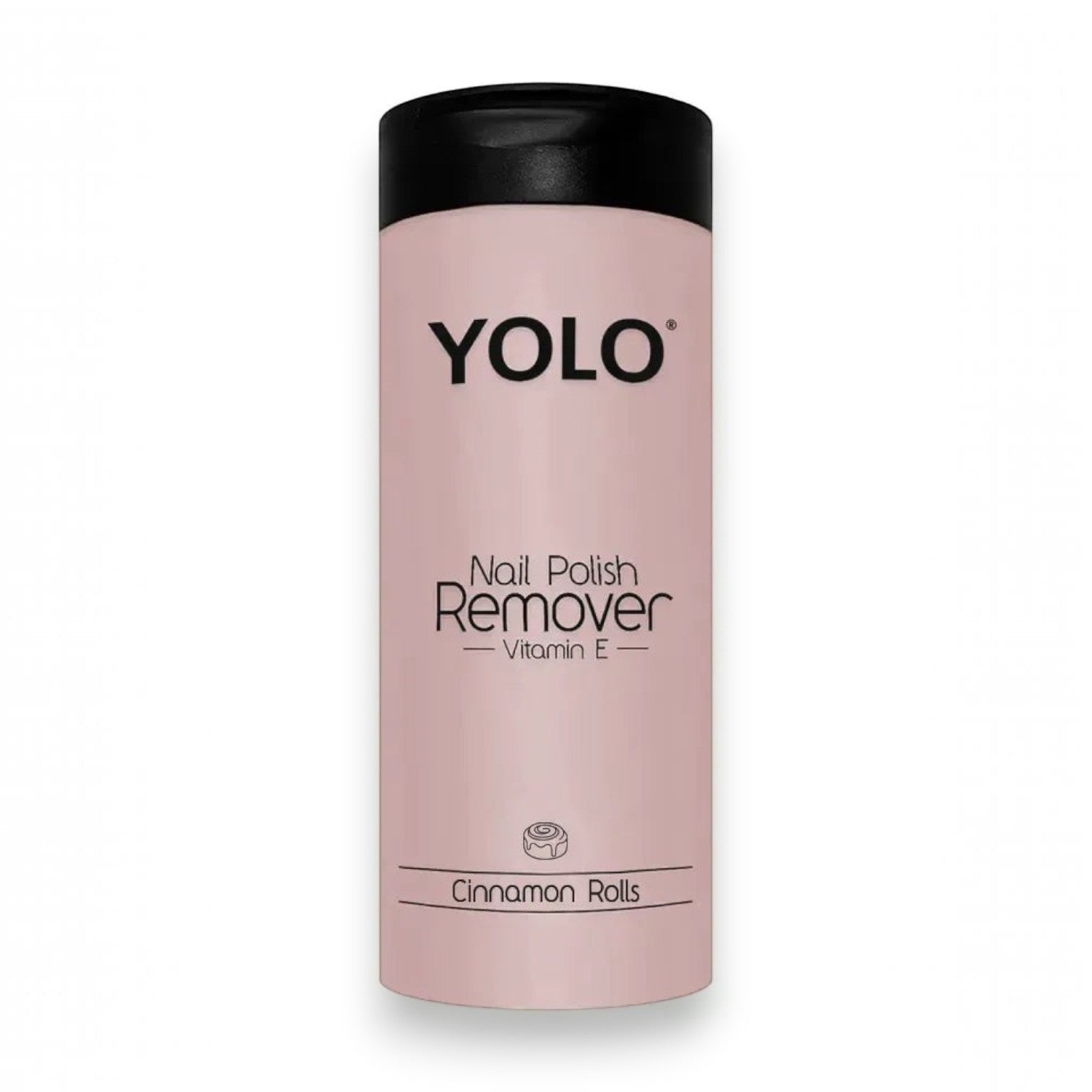 Said Salem YOLO Cinnamon Rolls scented nail polish remover bottle with Vitamin E in a soft pink container.