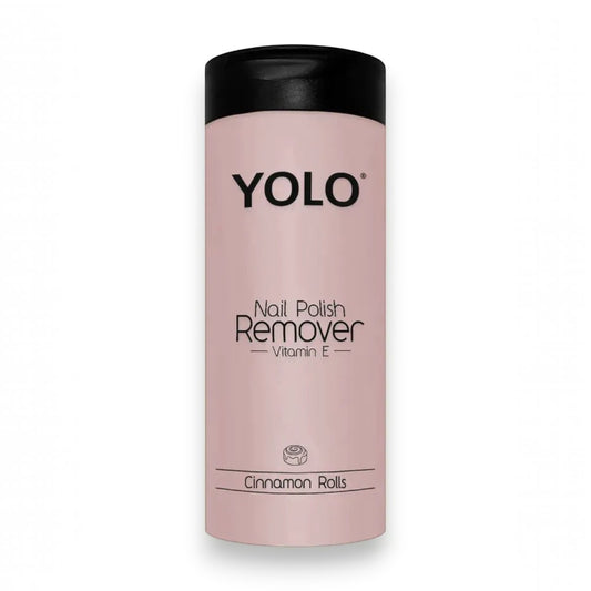 Said Salem YOLO Cinnamon Rolls scented nail polish remover bottle with Vitamin E in a soft pink container.