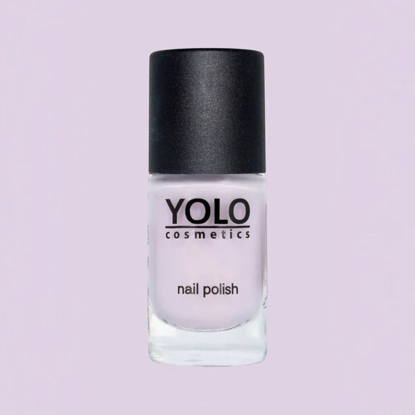 Said Salem YOLO Pink nail polish in a soft pastel shade with a black cap against a light purple background.