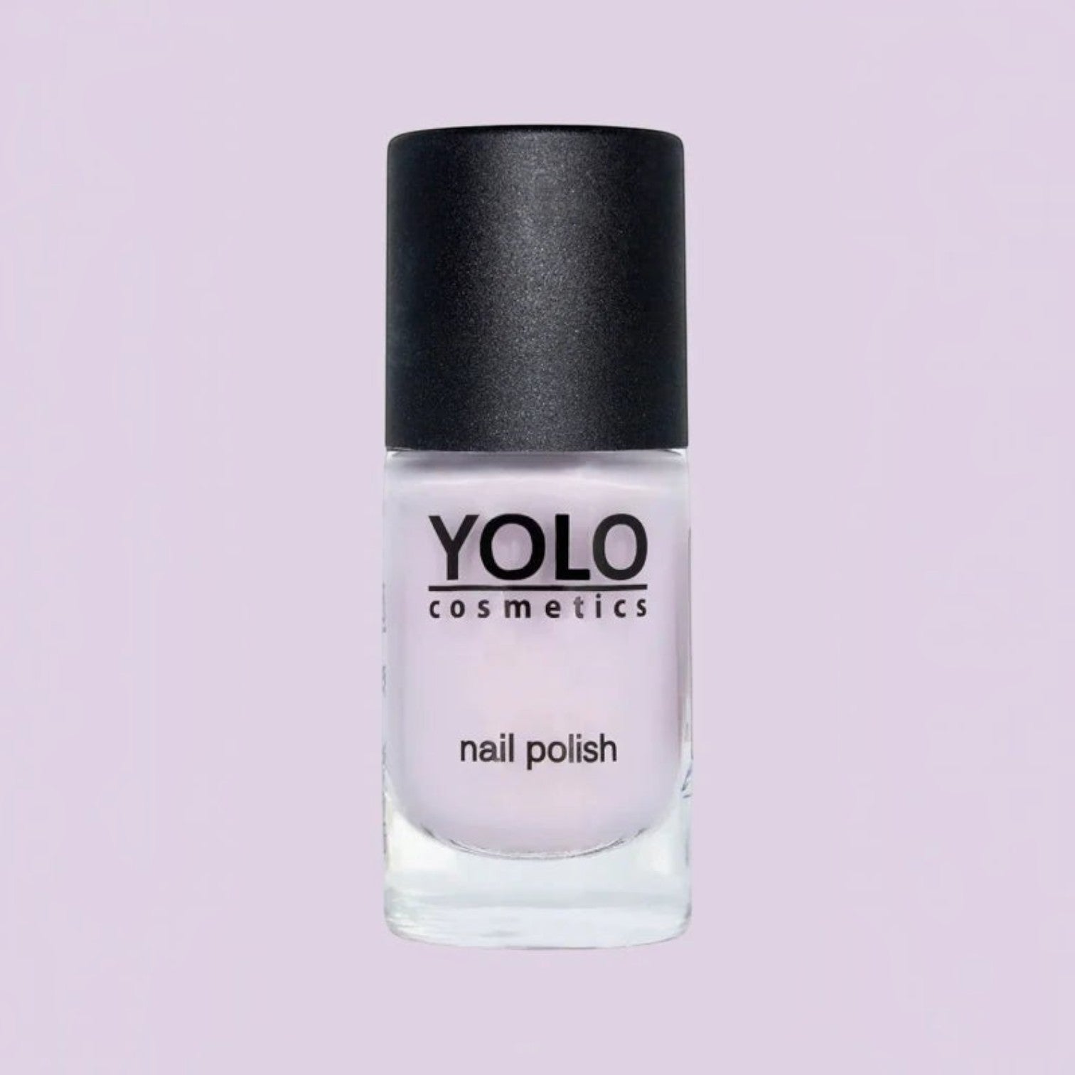 Said Salem YOLO Pink nail polish in a soft pastel shade with a black cap against a light purple background.